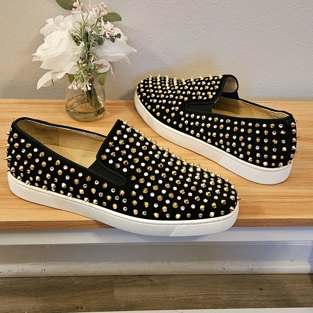Men's Christian Louboutin Black Suede Spike-Studded Luxury Loafers Size 10 US